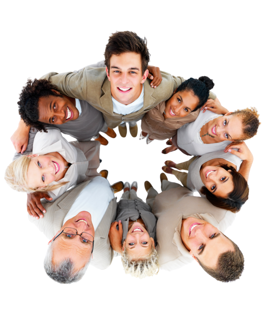A group of eight diverse people stand close together in a circle, smiling and looking up at the camera from above, with their arms around each other—reflecting the supportive community found in mental health treatment Chicago offers.